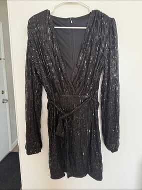 Black Sequin V-Neck Long Sleeve Wrap Dress